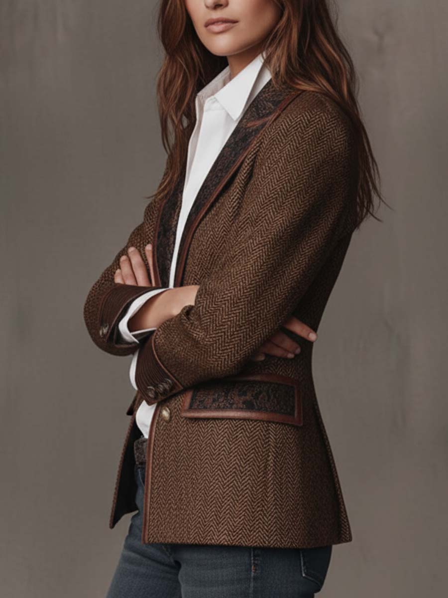 Savile Herringbone Leather-Trim Tweed Blazer