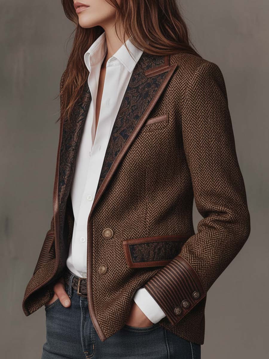 Savile Herringbone Leather-Trim Tweed Blazer