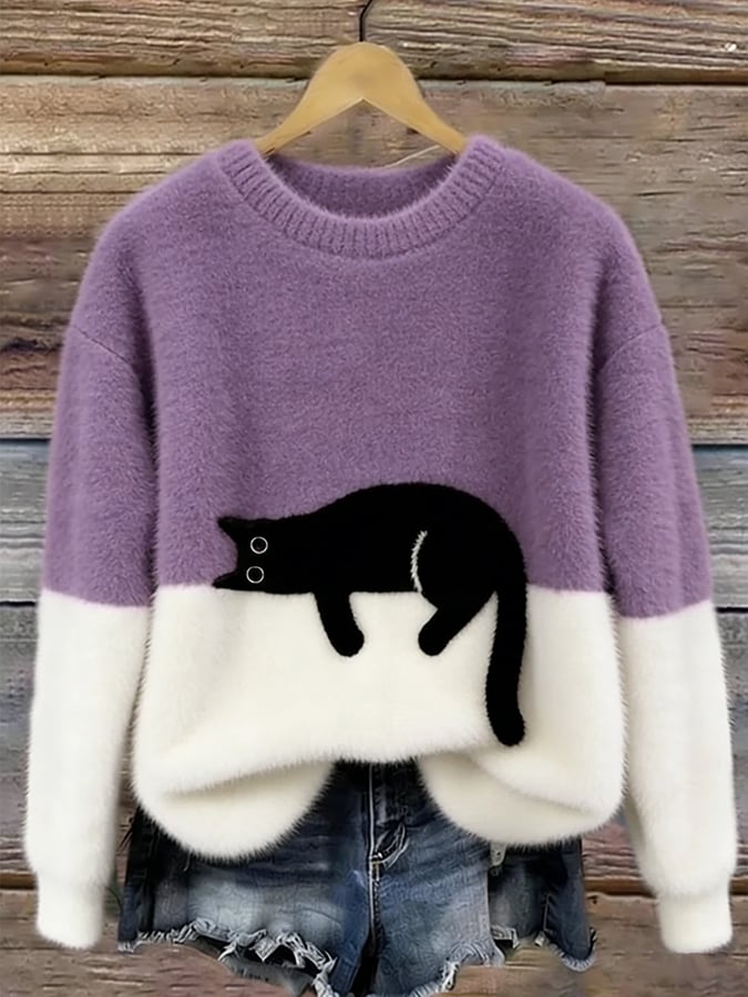 Elegant Oversized Cat-Print Sweater