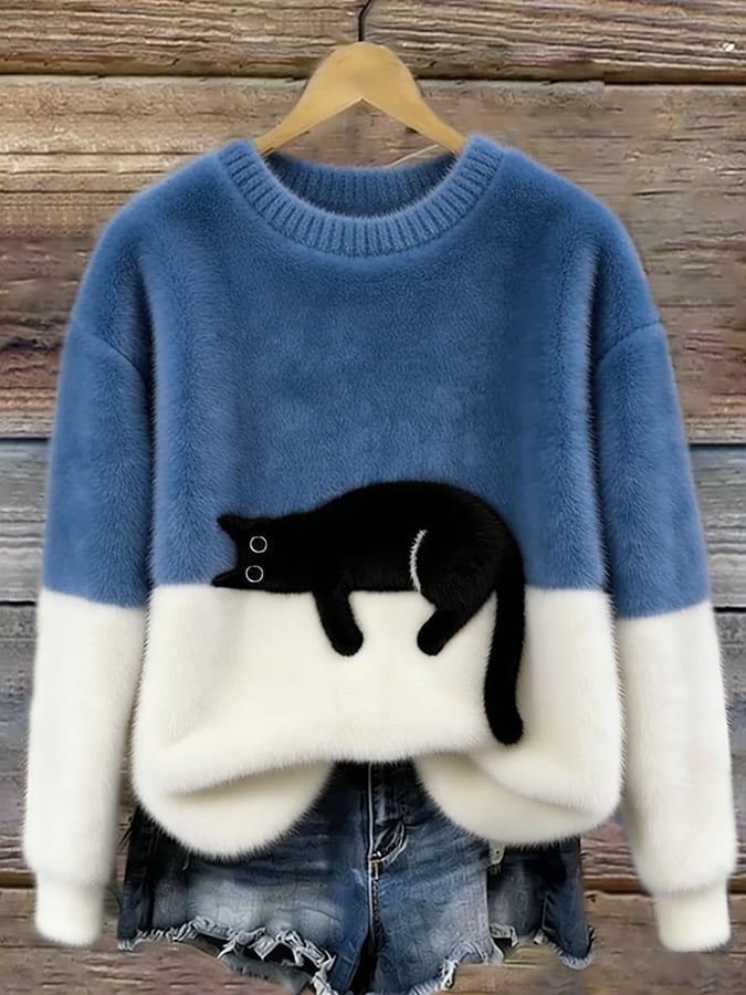 Elegant Oversized Cat-Print Sweater