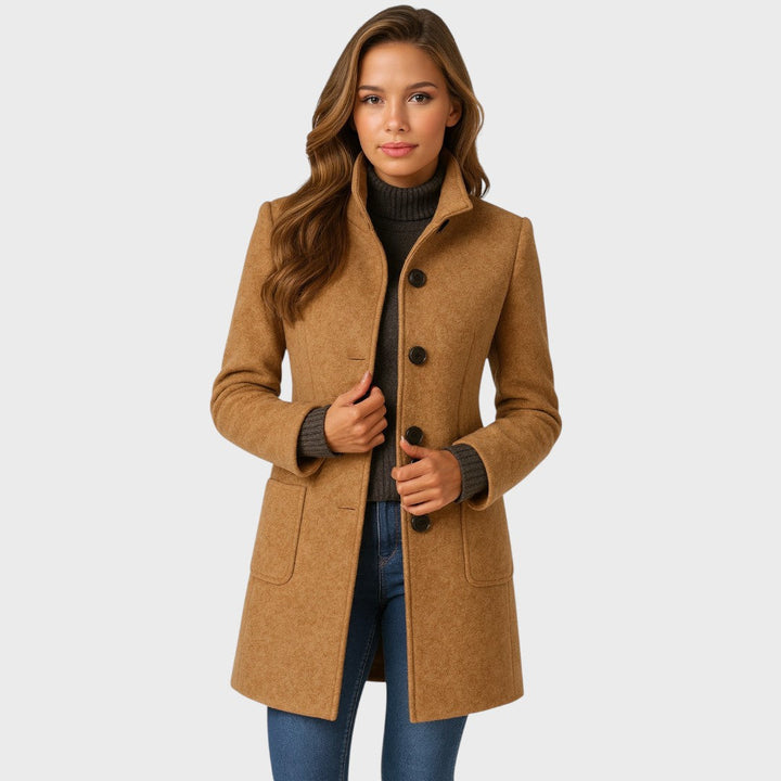 Structured Wool-Blend Stand-Collar Coat with Button Closure
