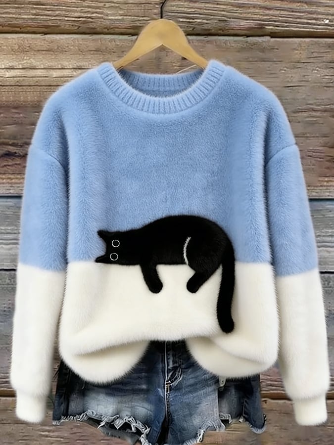 Elegant Oversized Cat-Print Sweater