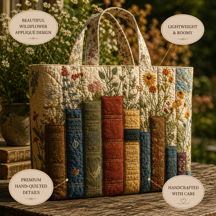 Artisan Quilted Bag - Books and Flowers