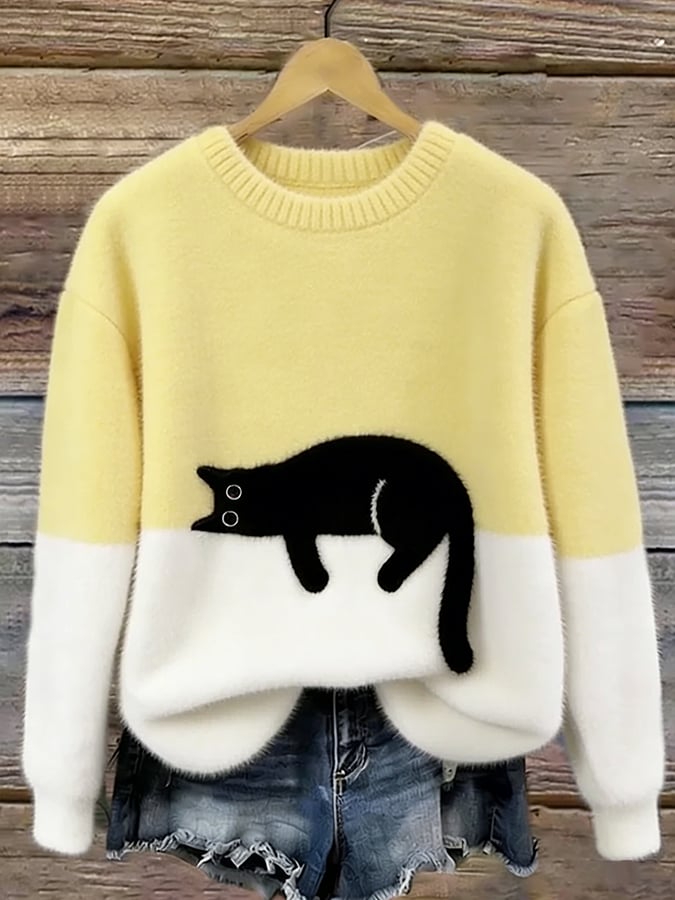 Elegant Oversized Cat-Print Sweater
