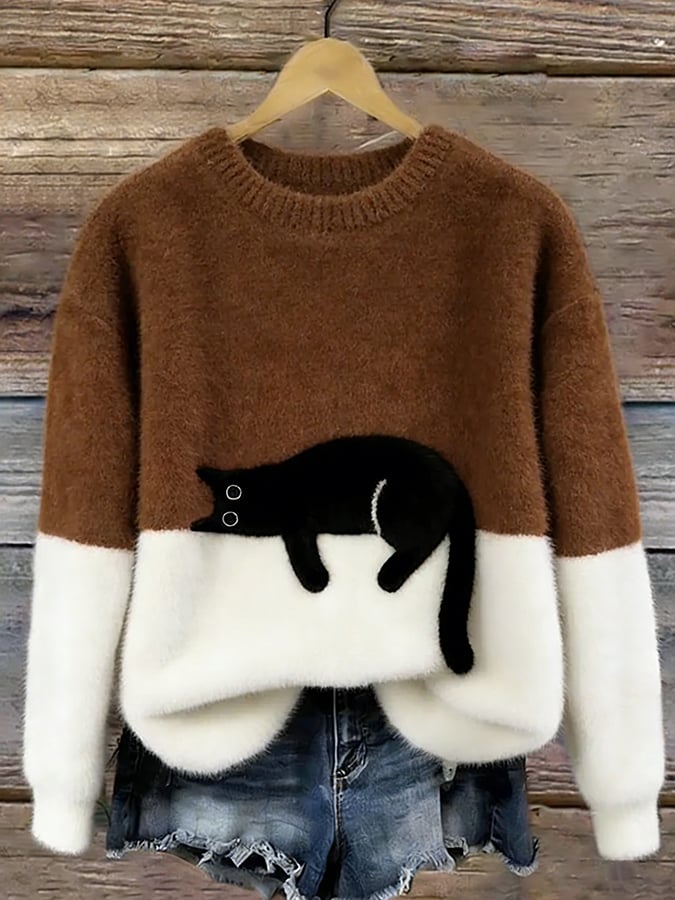 Elegant Oversized Cat-Print Sweater