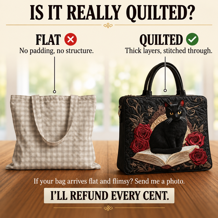 Quilted Artisan Bag - Black Cat on Books