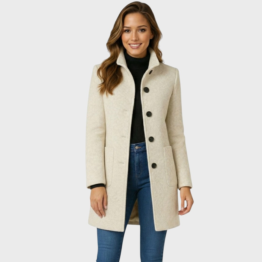 Structured Wool-Blend Stand-Collar Coat with Button Closure