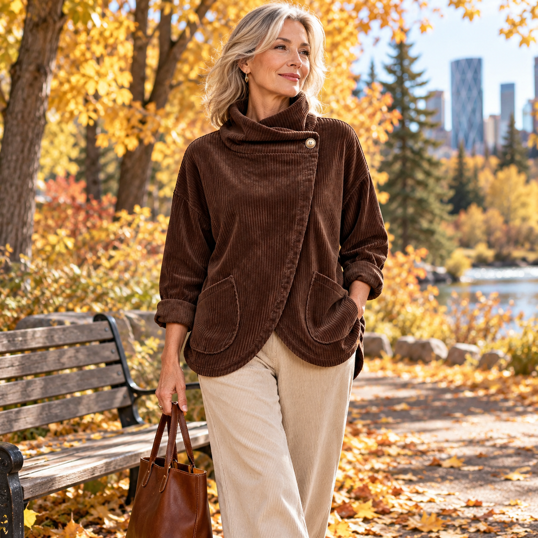 One-Button Corduroy Wrap Top