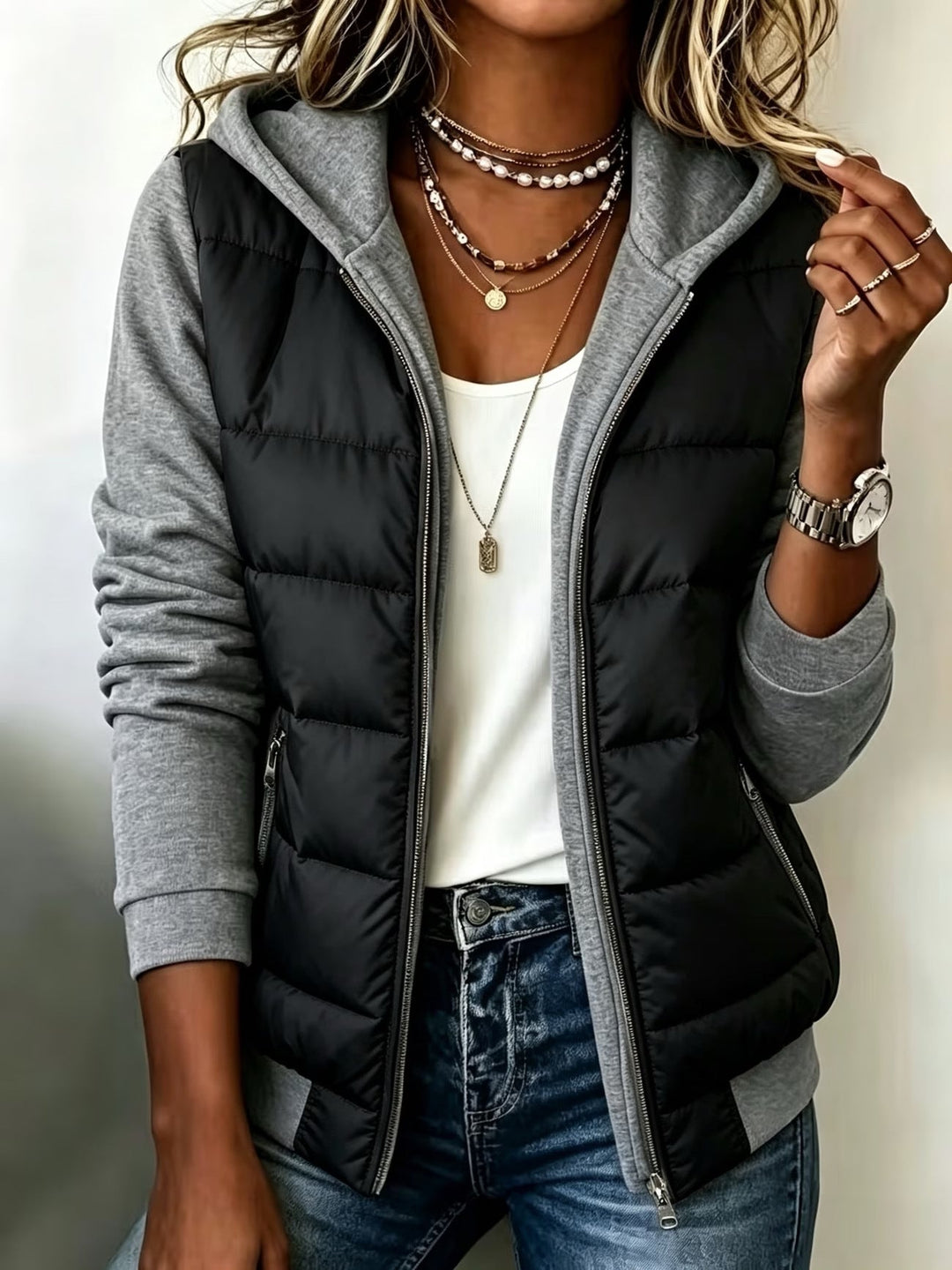 Quilted Colorblock Hooded Jacket