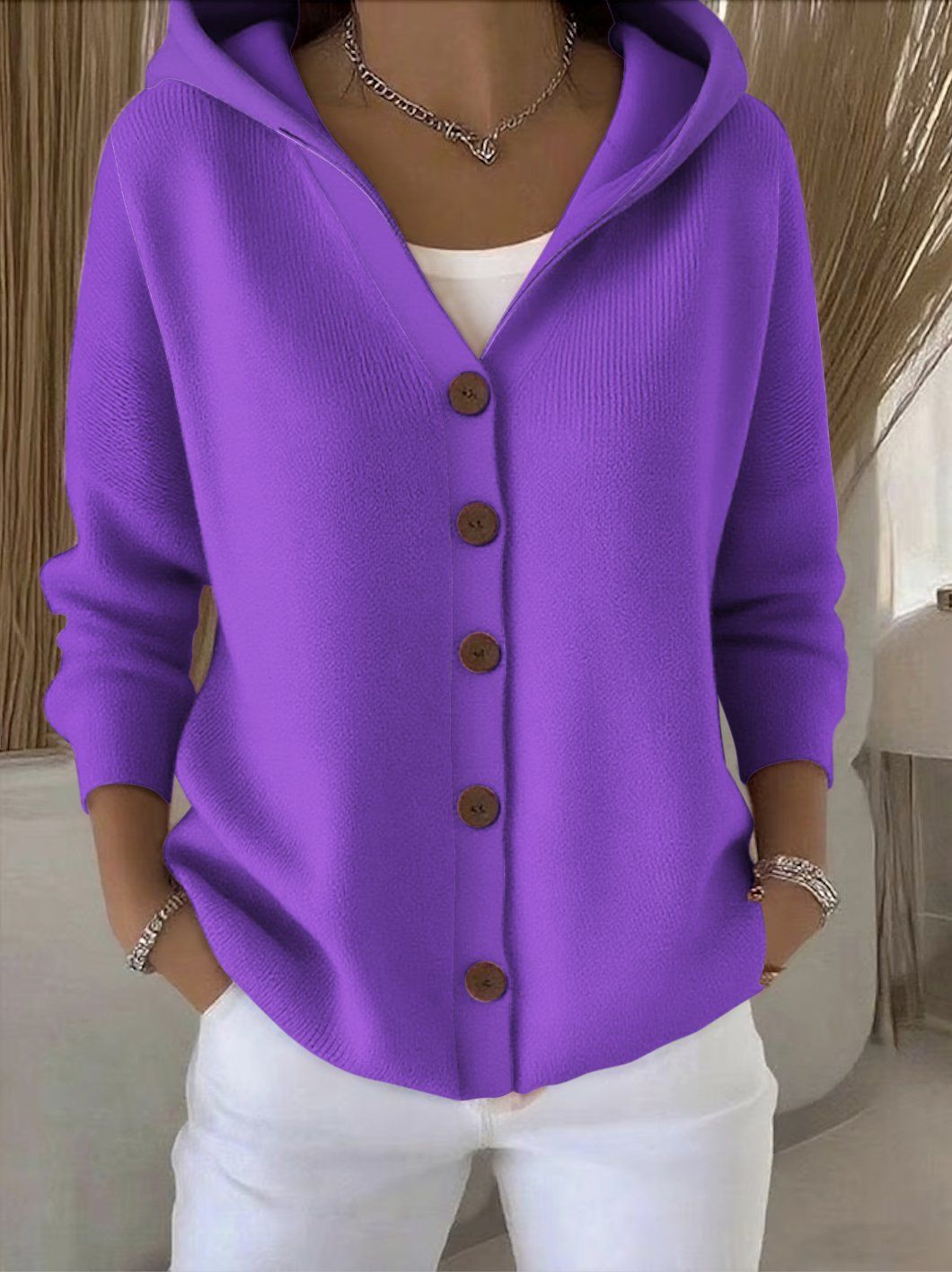 Hooded Button-Up Knit Cardigan