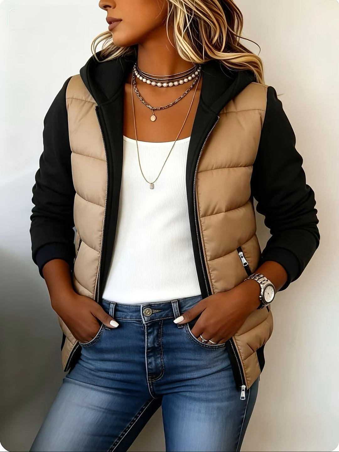 Quilted Colorblock Hooded Jacket