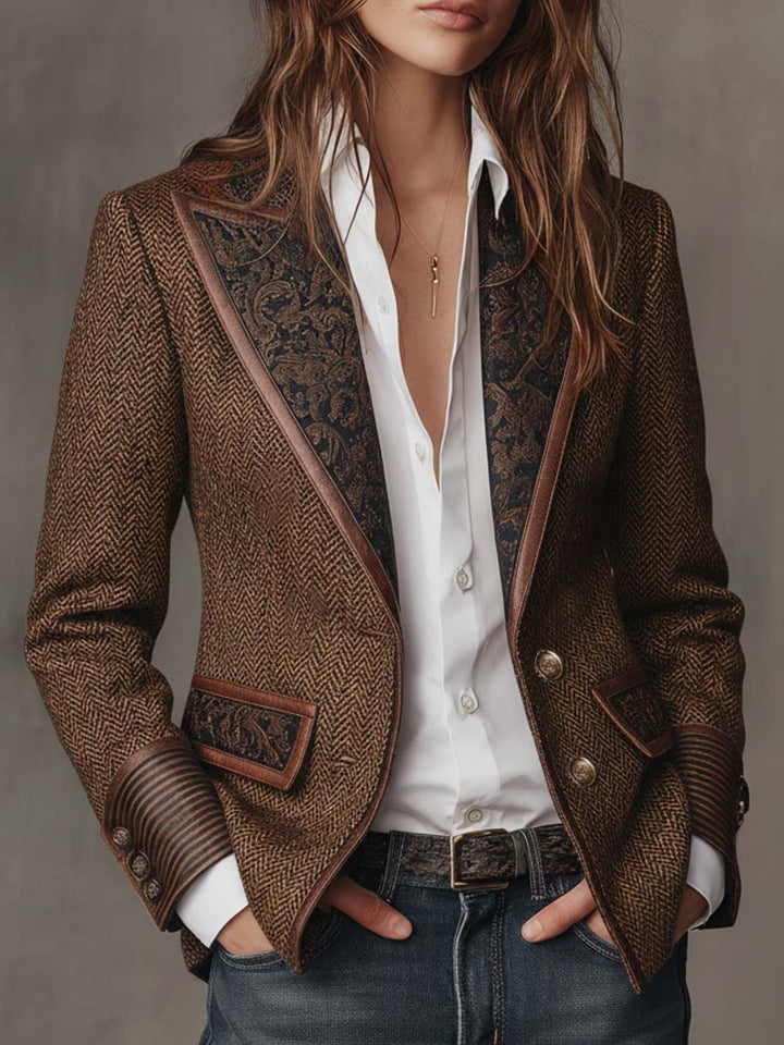 Savile Herringbone Leather-Trim Tweed Blazer
