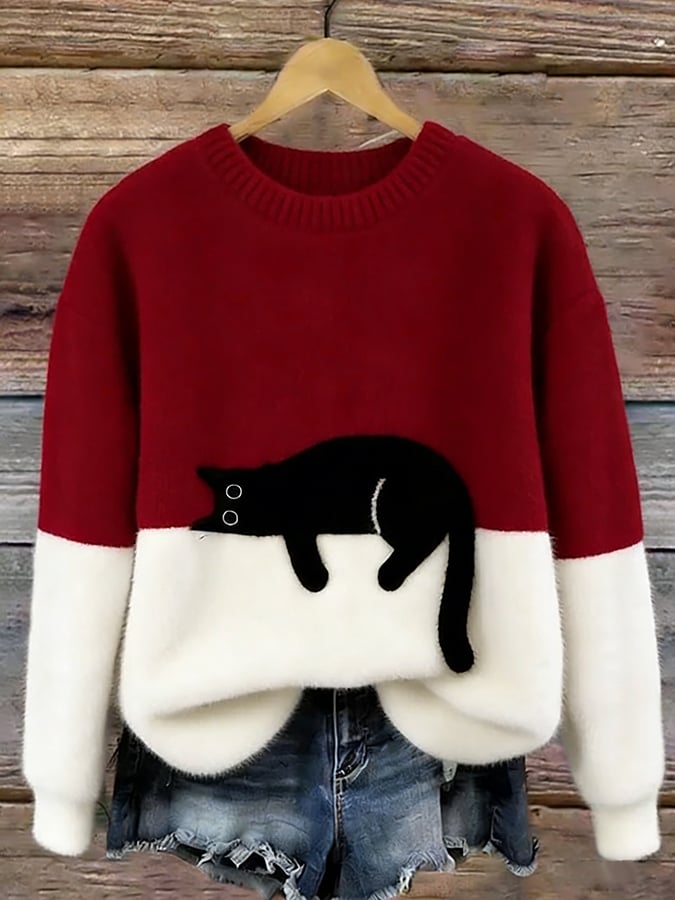 Elegant Oversized Cat-Print Sweater