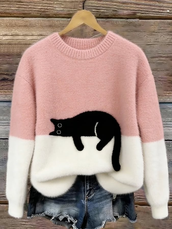 Elegant Oversized Cat-Print Sweater