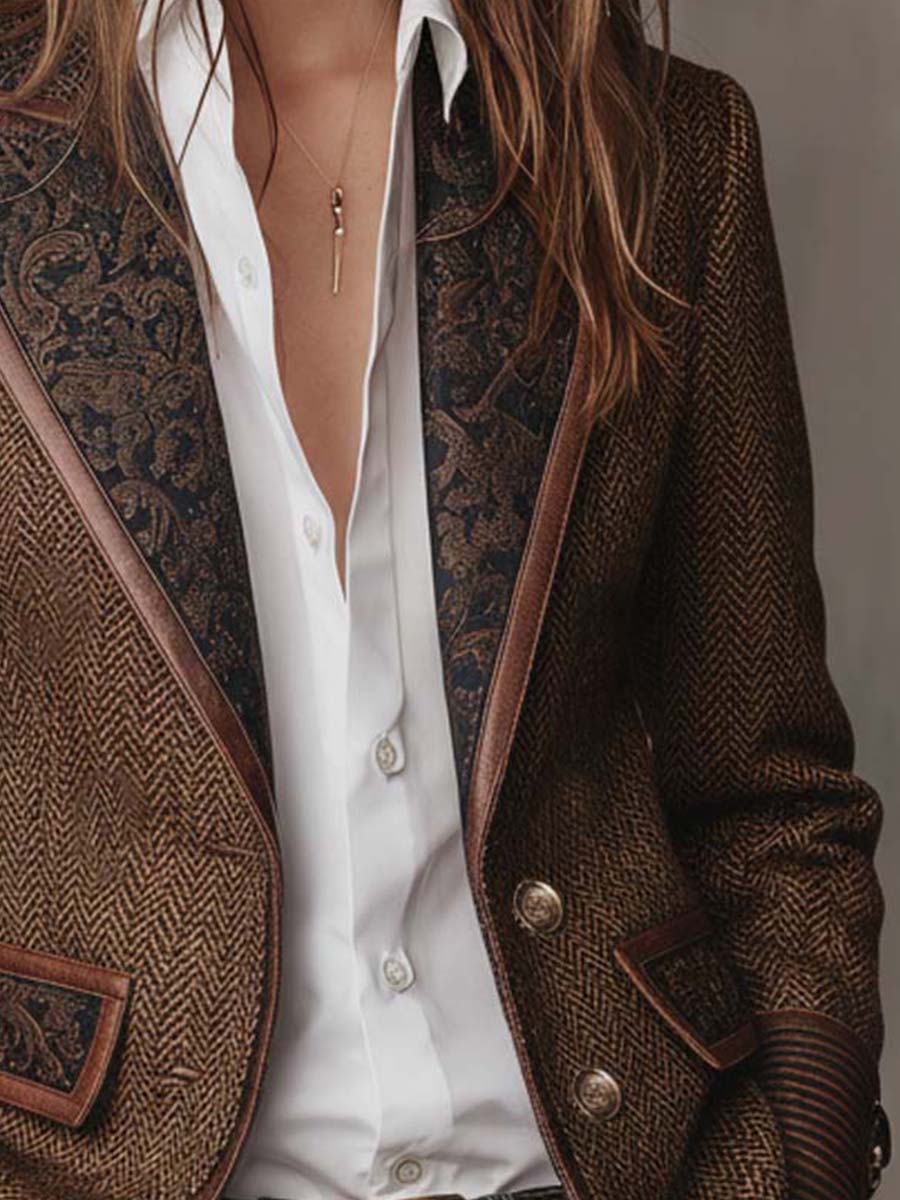 Savile Herringbone Leather-Trim Tweed Blazer