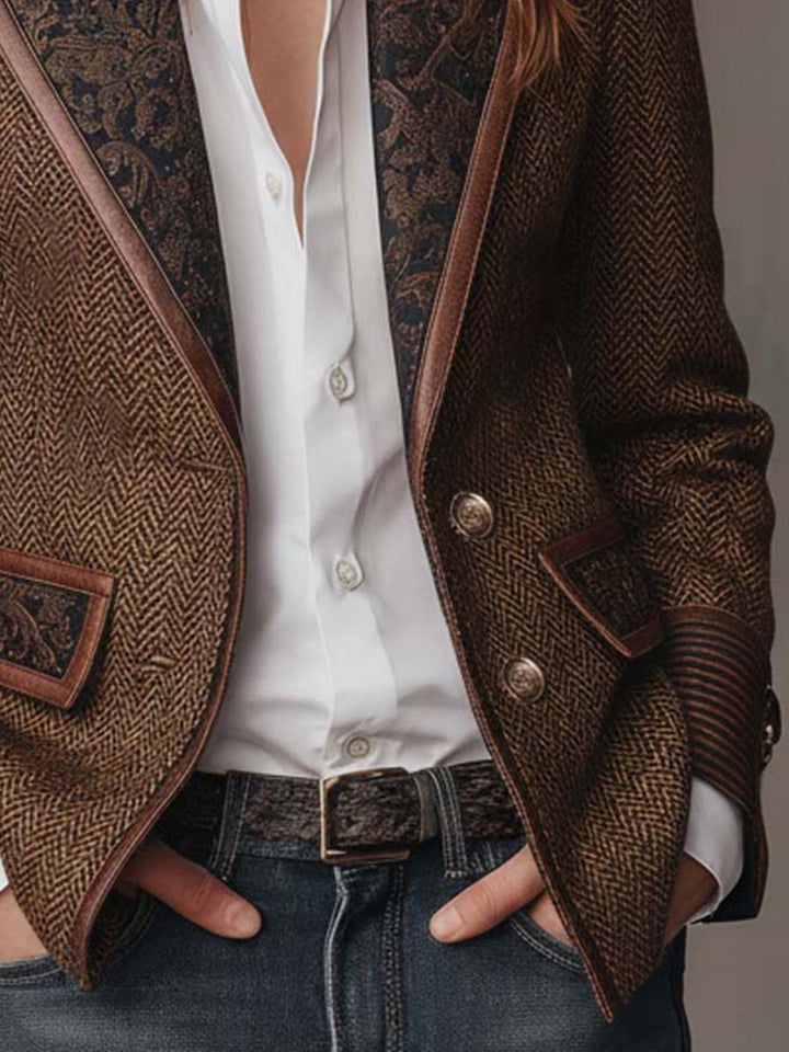 Savile Herringbone Leather-Trim Tweed Blazer