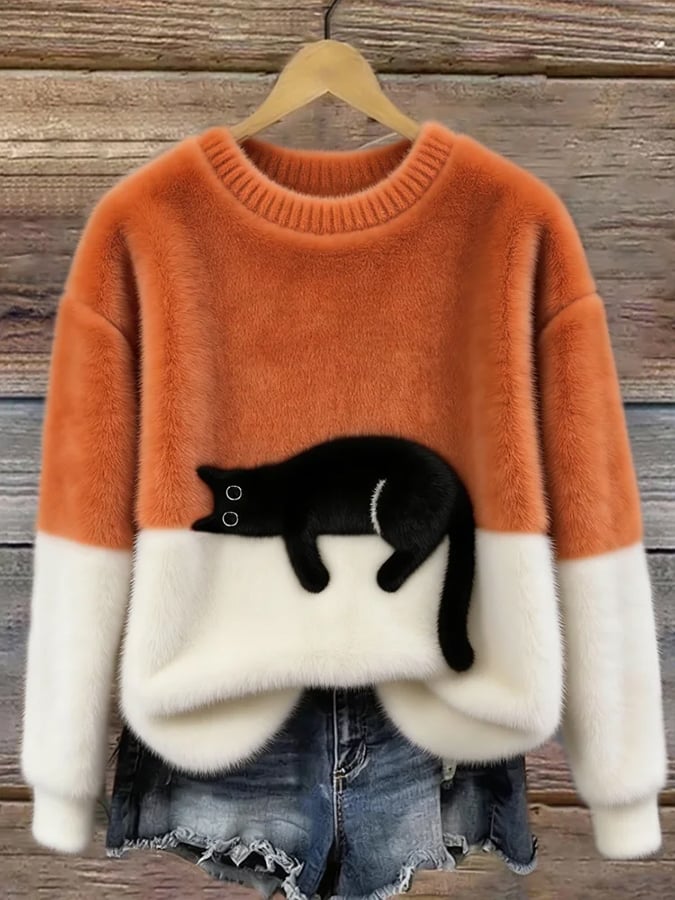 Elegant Oversized Cat-Print Sweater