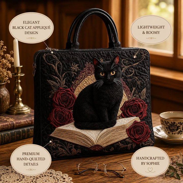 Quilted Artisan Bag - Black Cat on Books