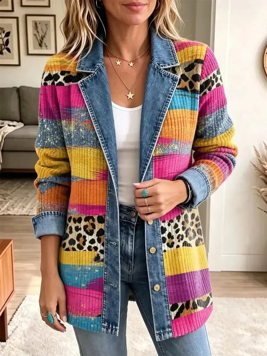 Delphia Leopard Patchwork Denim Jacket