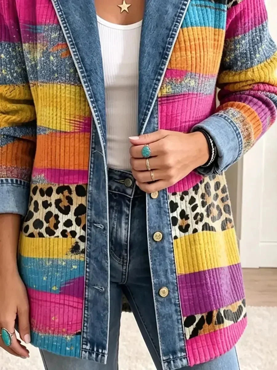 Delphia Leopard Patchwork Denim Jacket