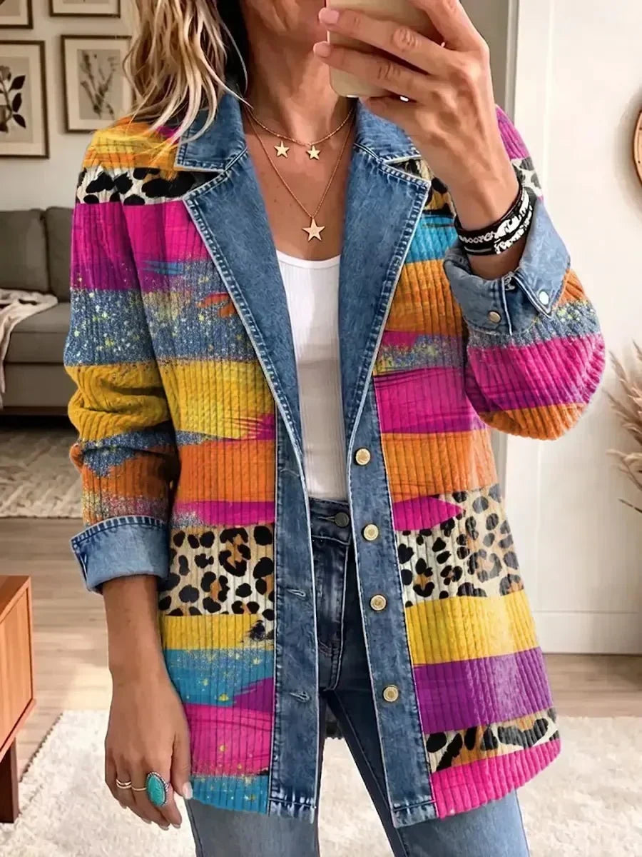 Delphia Leopard Patchwork Denim Jacket