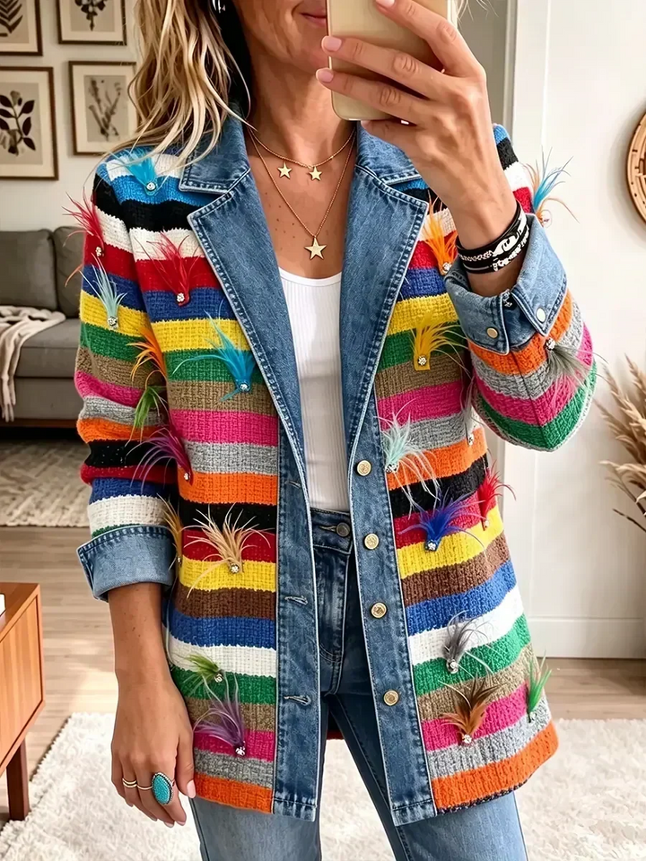 Reta Striped Feather Print Denim Jacket