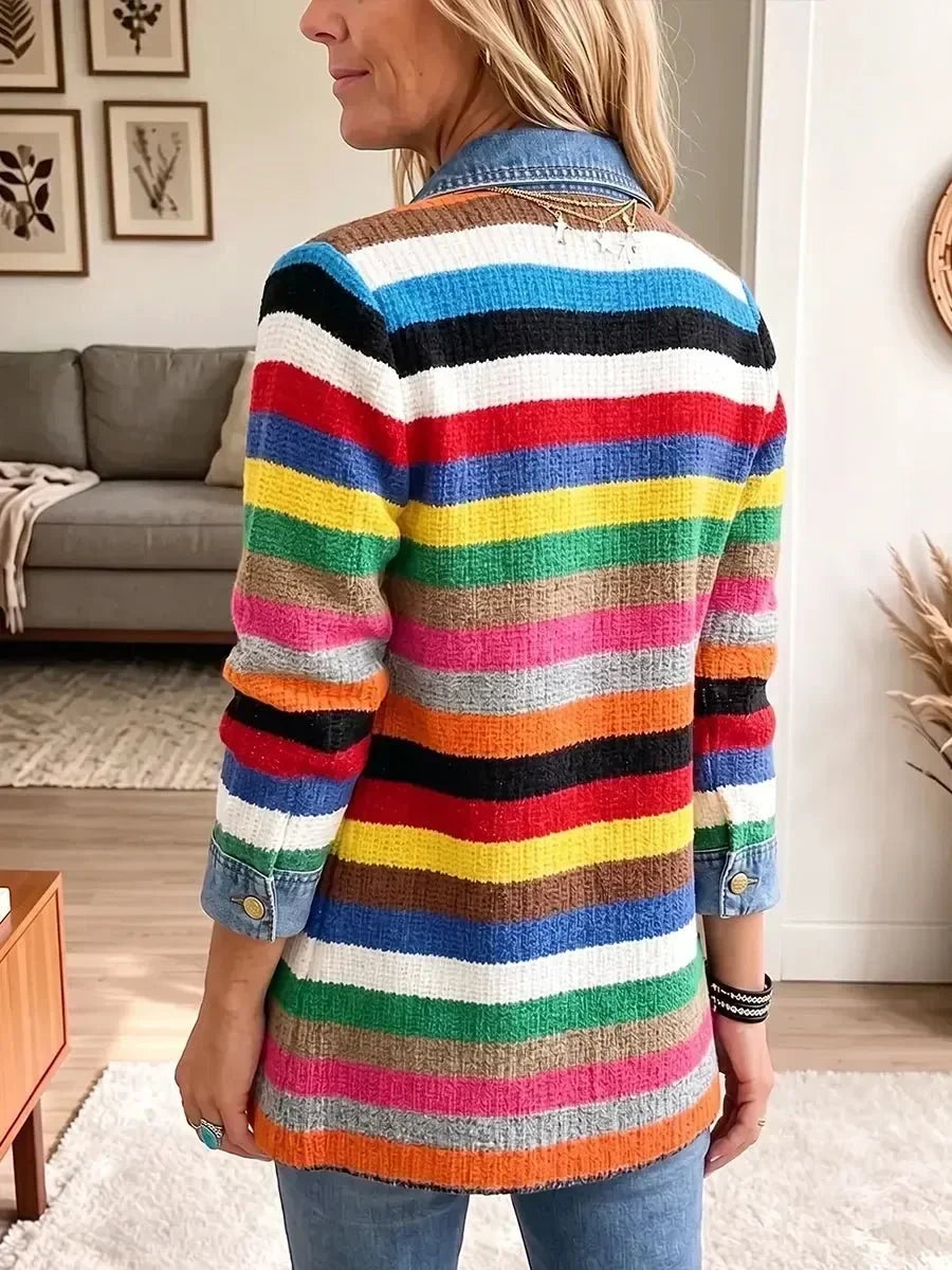 Reta Striped Feather Print Denim Jacket