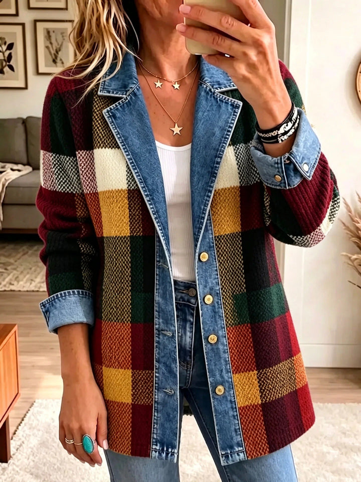 Colorblock Plaid Denim Jacket