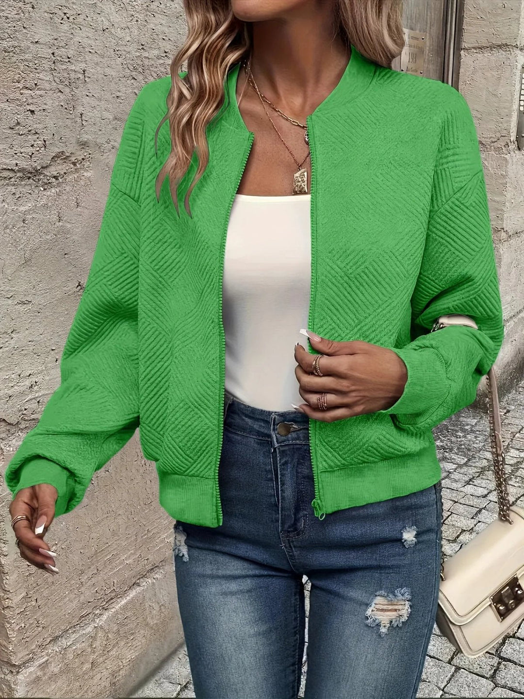 Laura Textured Zip-Up Bomber Jacket