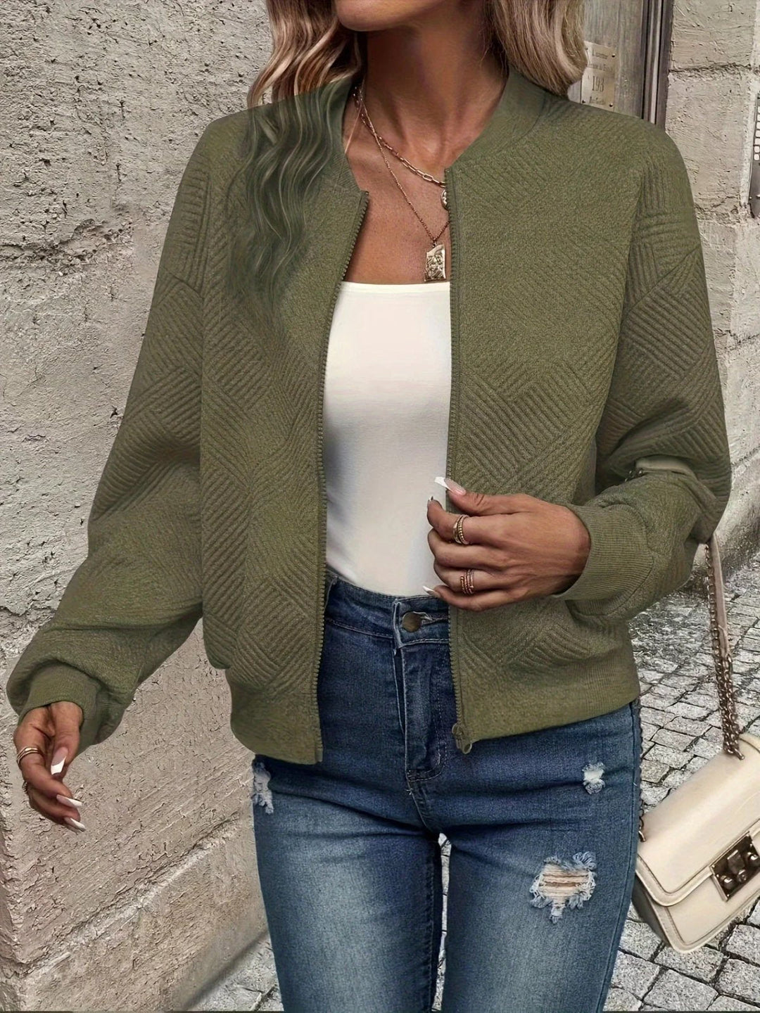 Laura Textured Zip-Up Bomber Jacket