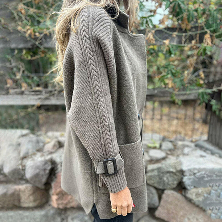 Knit-Sleeve Double-Breasted Longline Coat