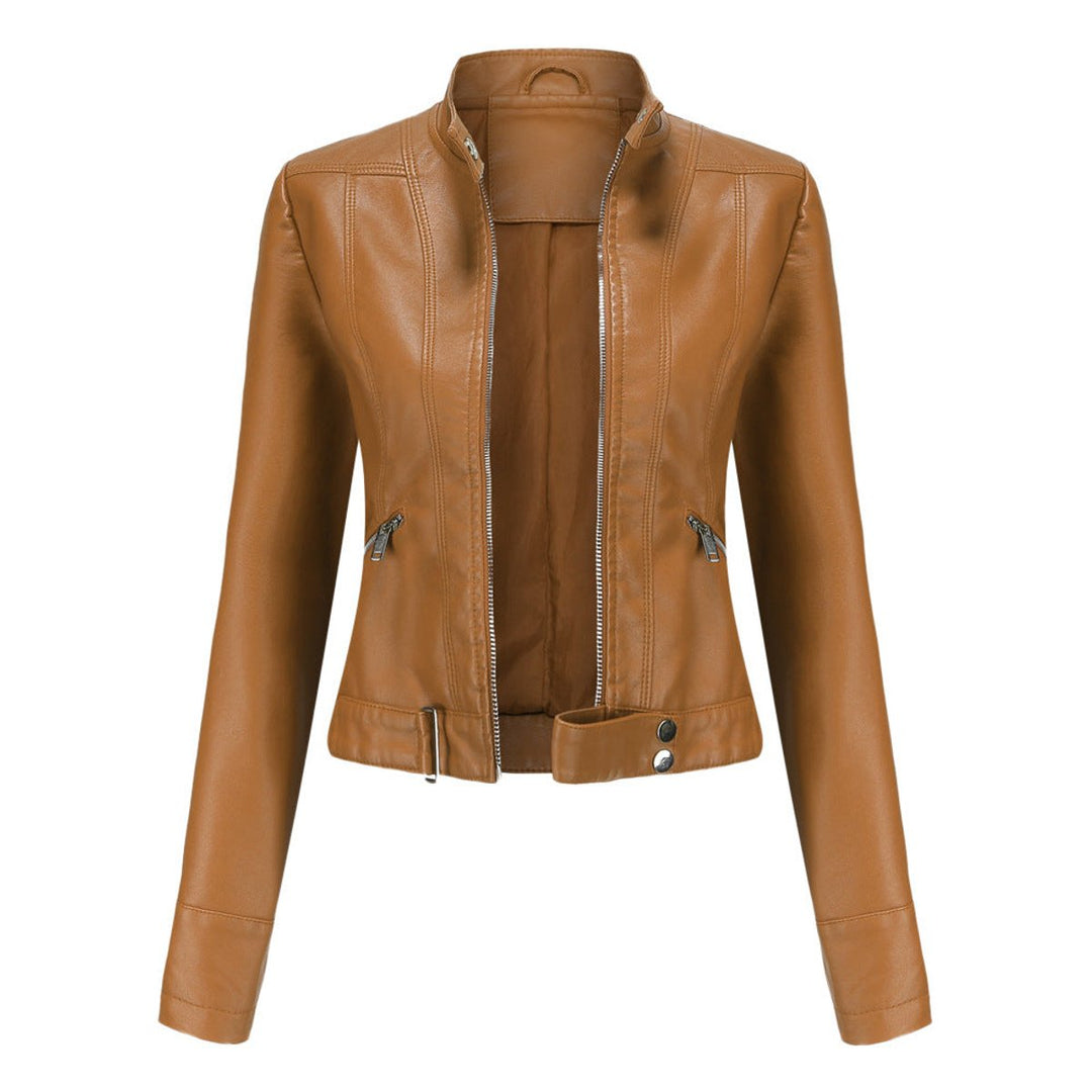 Cropped Moto Jacket with Mandarin Collar