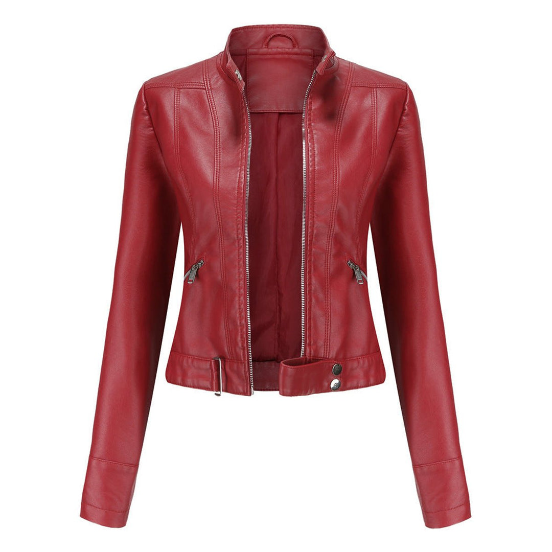 Cropped Moto Jacket with Mandarin Collar